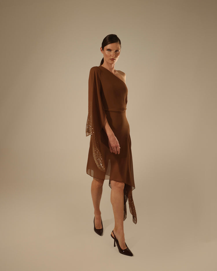 Abito midi monospalla in chiffon e strass