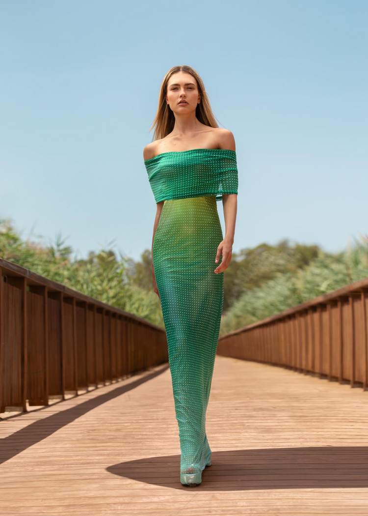 Abito lungo in mesh sfumato con applicazioni