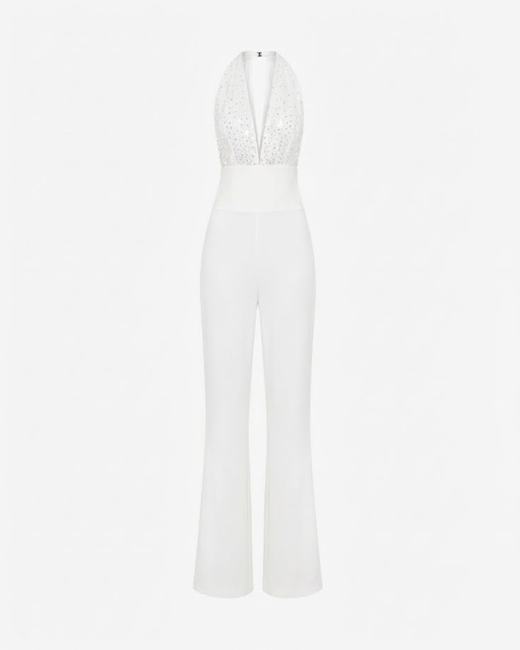 Tuta elegante in tessuto tecnico conbustino alto e corpetto di strass