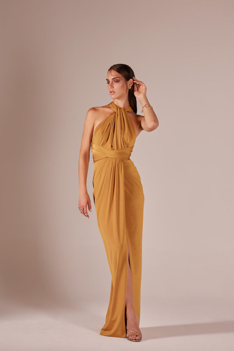 Long jersey dress with halter neckline