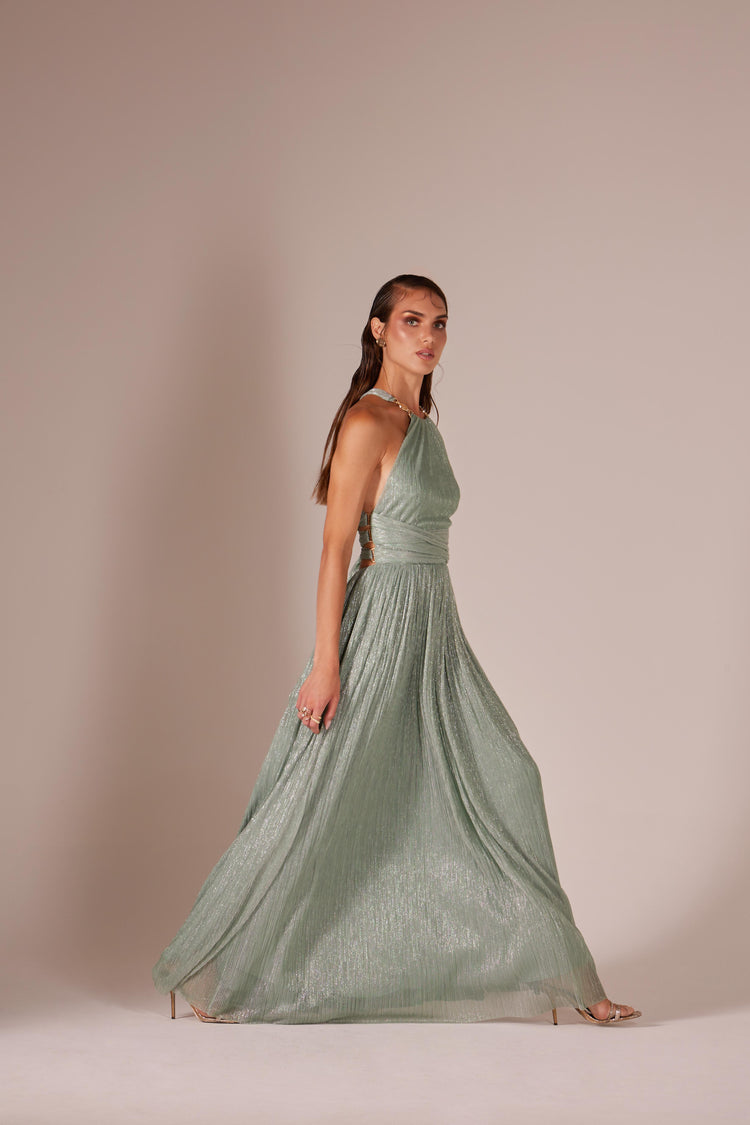 Halterneck knitted dress with metallic decorations