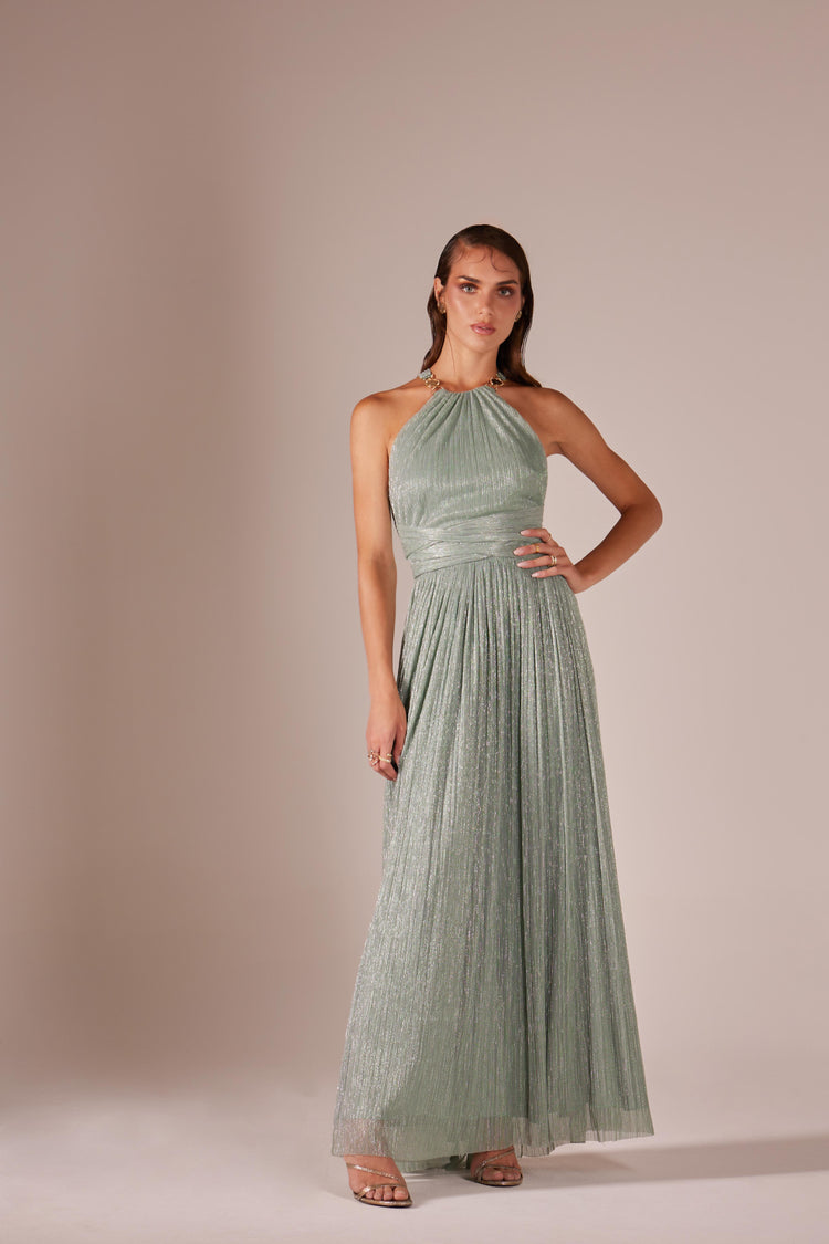 Halterneck knitted dress with metallic decorations