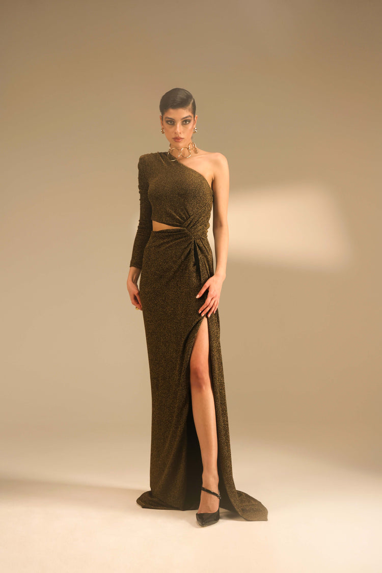 Long one-shoulder cut-out dress in lurex jersey