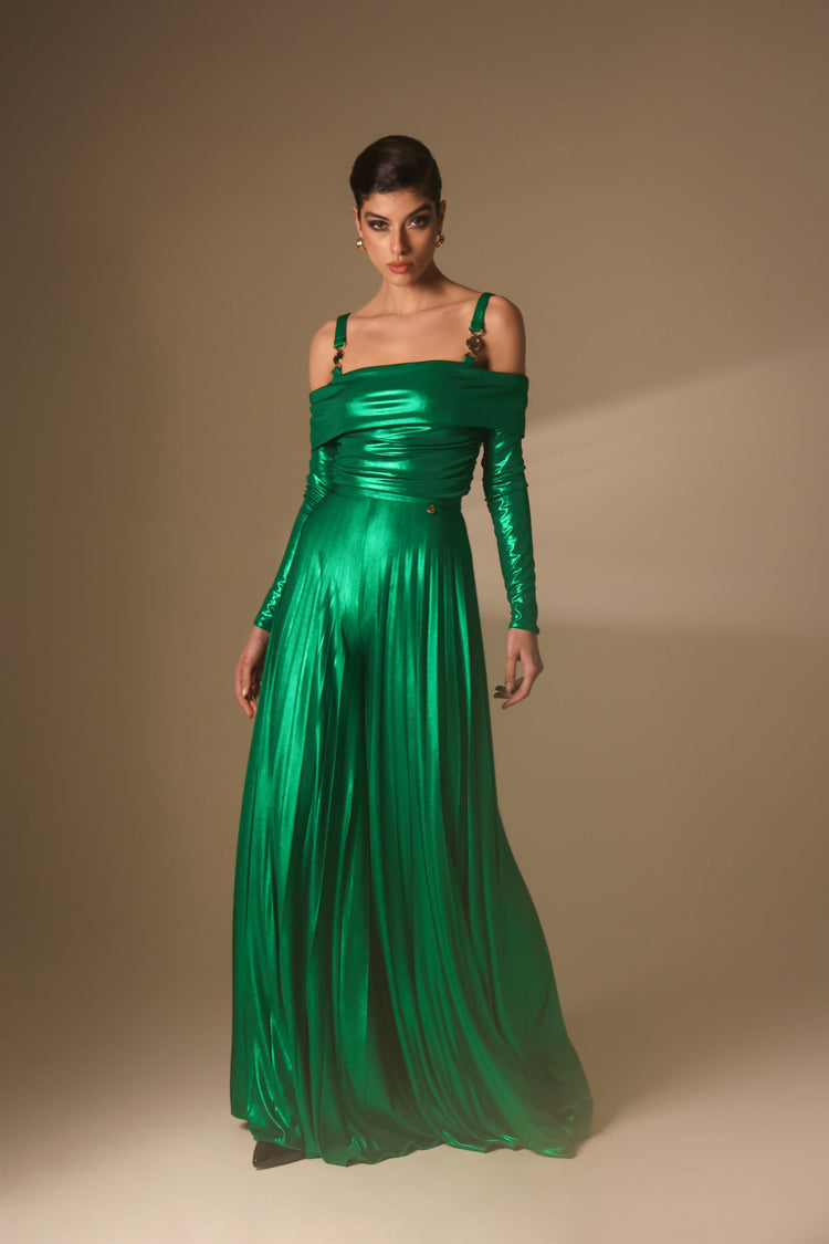 Wide pleated trousers in metallic jersey