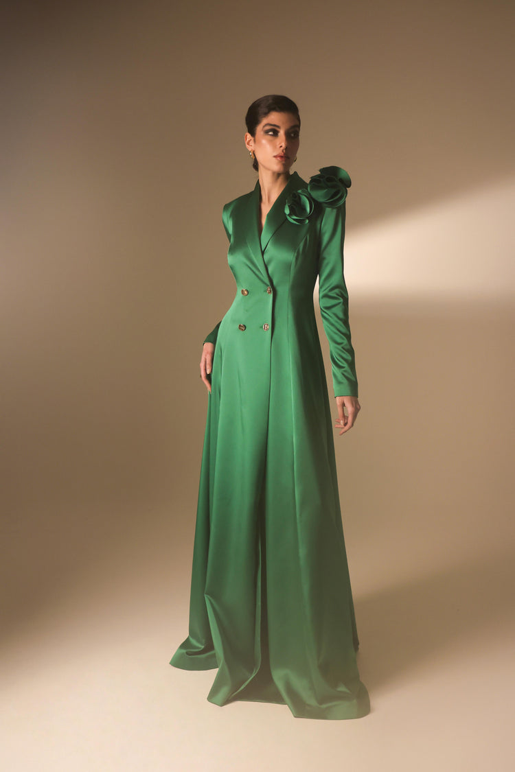 Long satin jacket dress with flower decoration and metal buttons