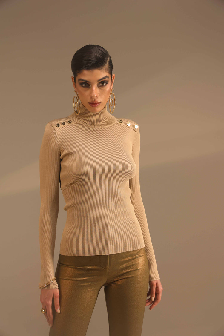 High neck sweater with metal buttons