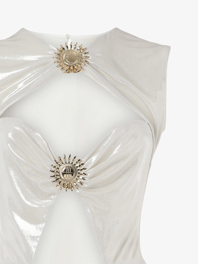 Bodysuit in metallic jersey with cut out and metallic decorations