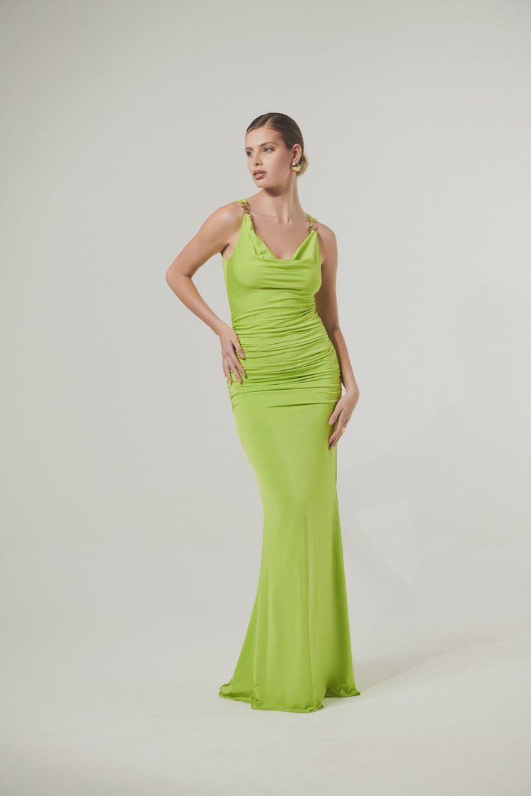 Abito lungo sirena con scollo morbido e decorazioni metalliche in jersey metallizato