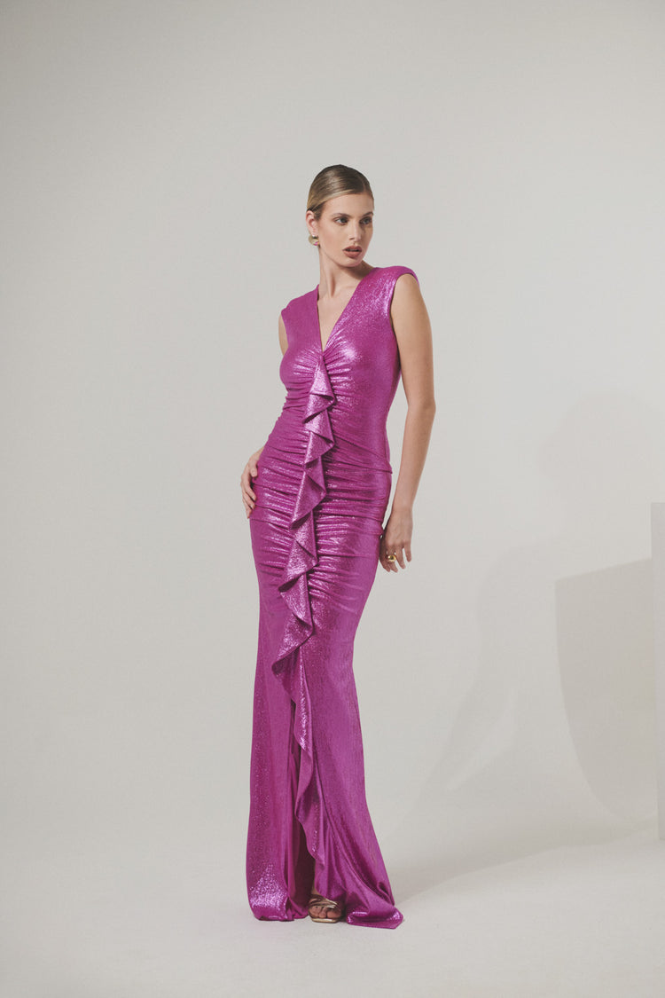 Abito lungo con scollo rouches in jersey metallizzato