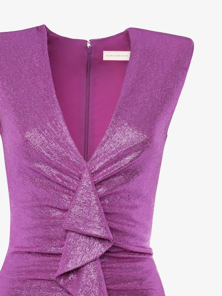 Abito lungo con scollo rouches in jersey metallizzato