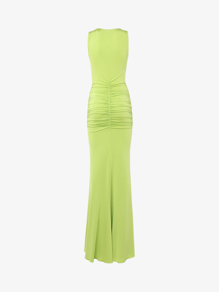 Abito lungo sirena con scollo morbido e decorazioni metalliche in jersey metallizato