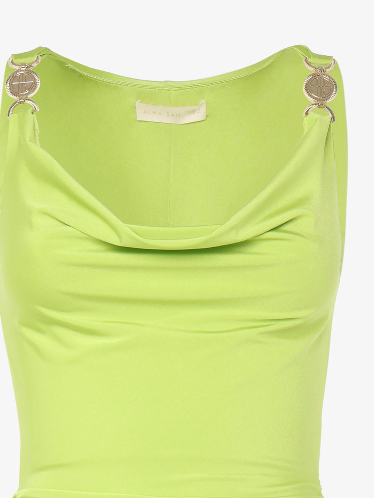 Abito lungo sirena con scollo morbido e decorazioni metalliche in jersey metallizato