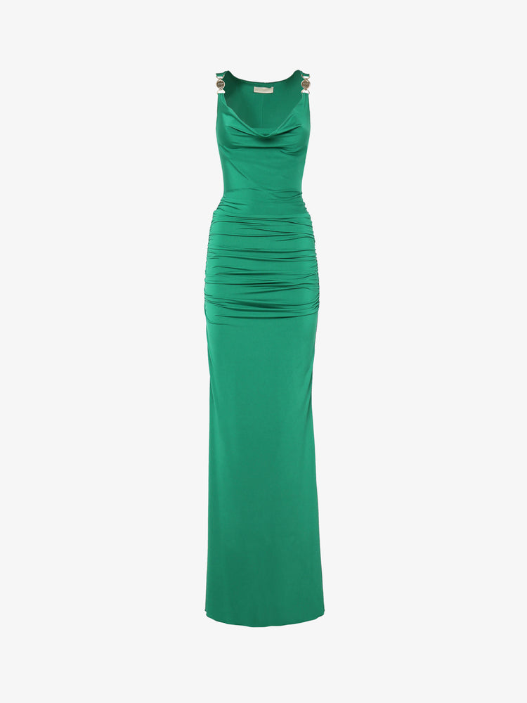 Abito lungo sirena con scollo morbido e decorazioni metalliche in jersey metallizato