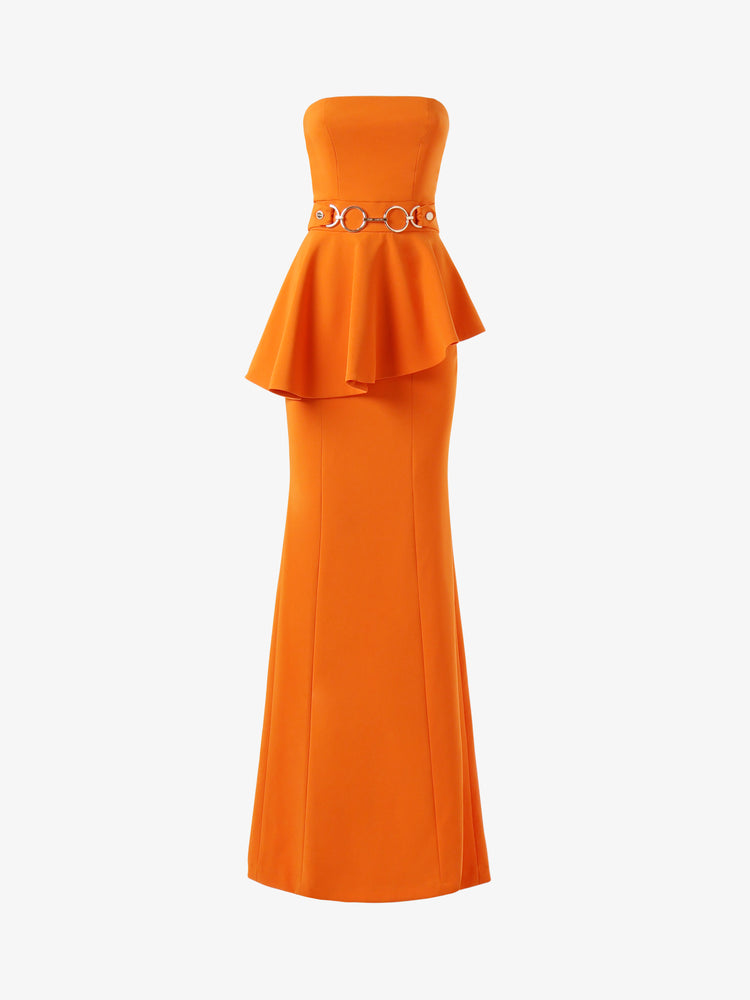 Long strapless dress with ruffles and metallic decoration at the waist in technical fabric