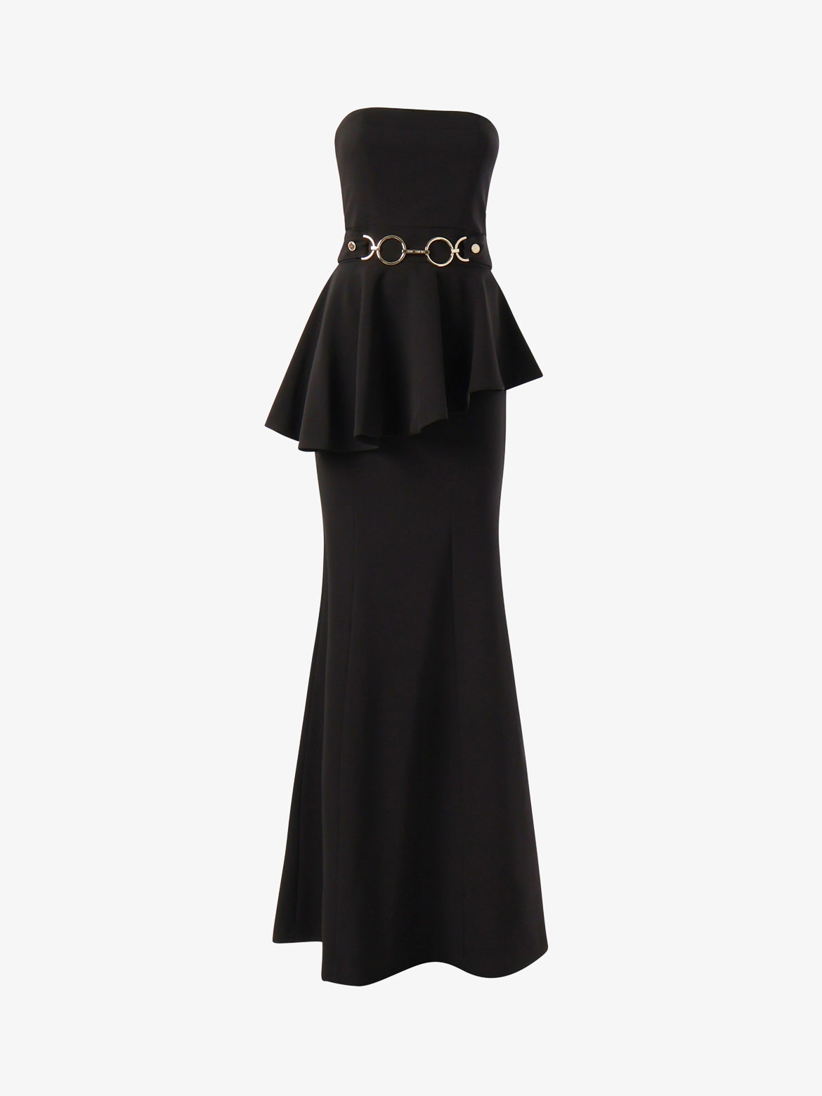 sheike black peplum dress Long strapless dress with ruffles and metallic decoration at the waist – Alma Sanchez