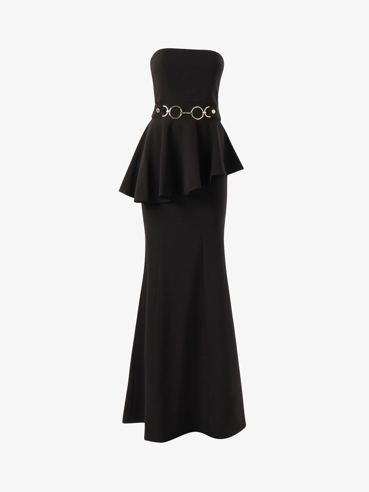 Long strapless dress with ruffles and metallic decoration at the waist in technical fabric