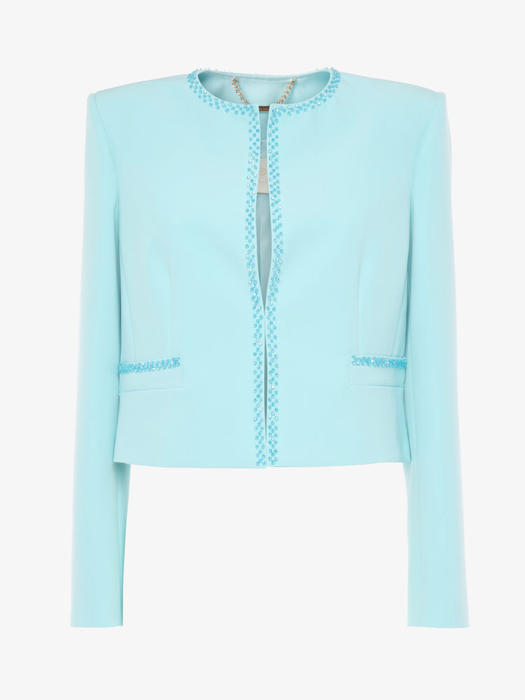 Short jacket in technical edge fabric with jewel applications