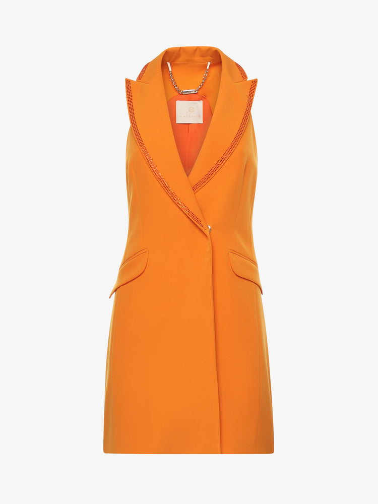 Giacca in tessuto tecnico senza maniche rever con strass