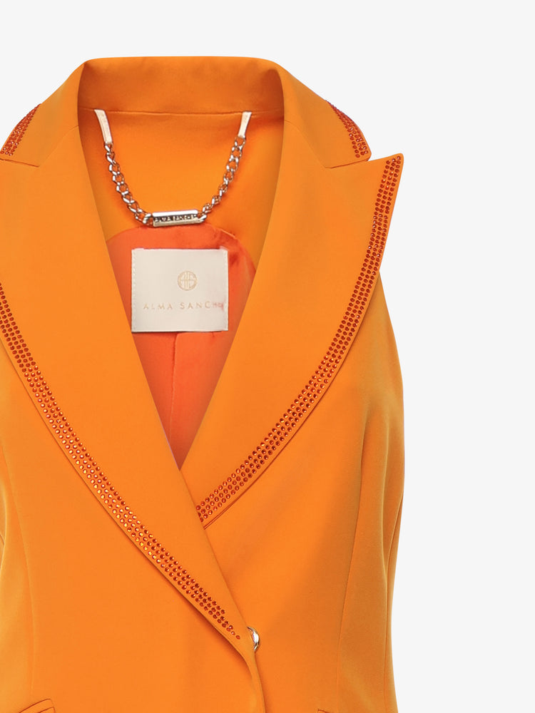 Giacca in tessuto tecnico senza maniche rever con strass