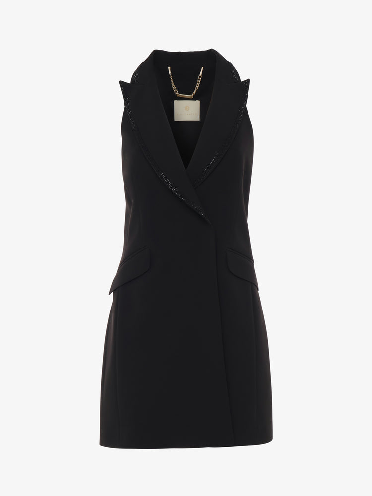 Giacca in tessuto tecnico senza maniche rever con strass