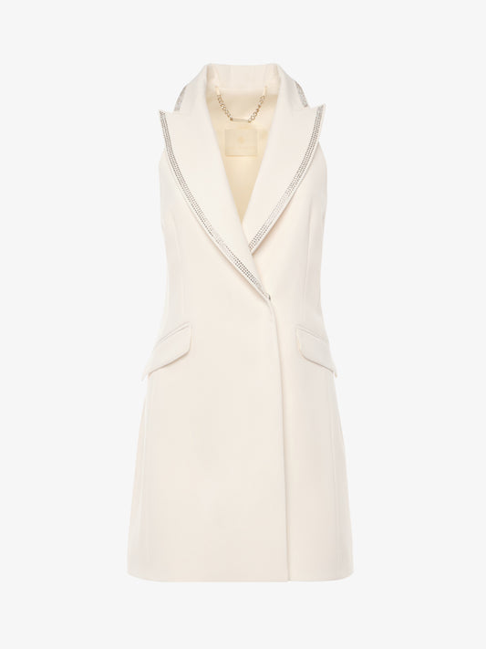 Giacca in tessuto tecnico senza maniche rever con strass