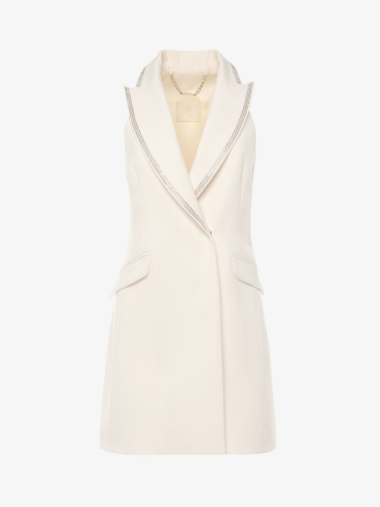 Giacca in tessuto tecnico senza maniche rever con strass