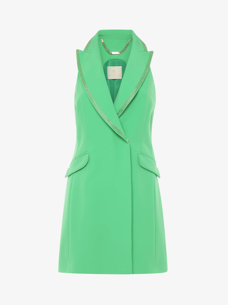 Giacca in tessuto tecnico senza maniche rever con strass