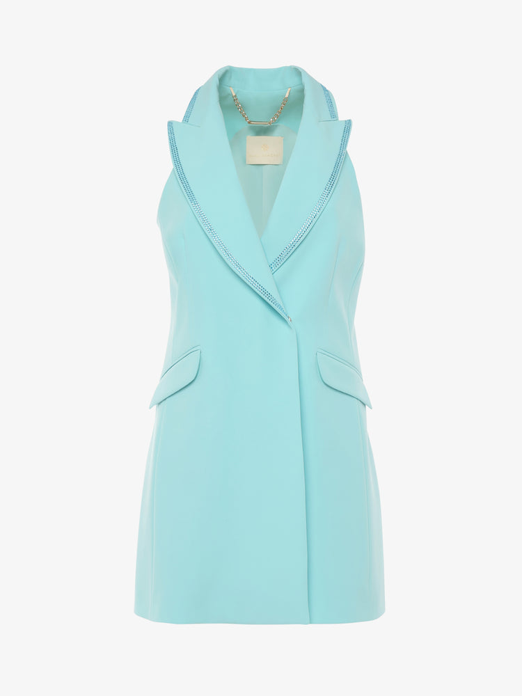 Giacca in tessuto tecnico senza maniche rever con strass