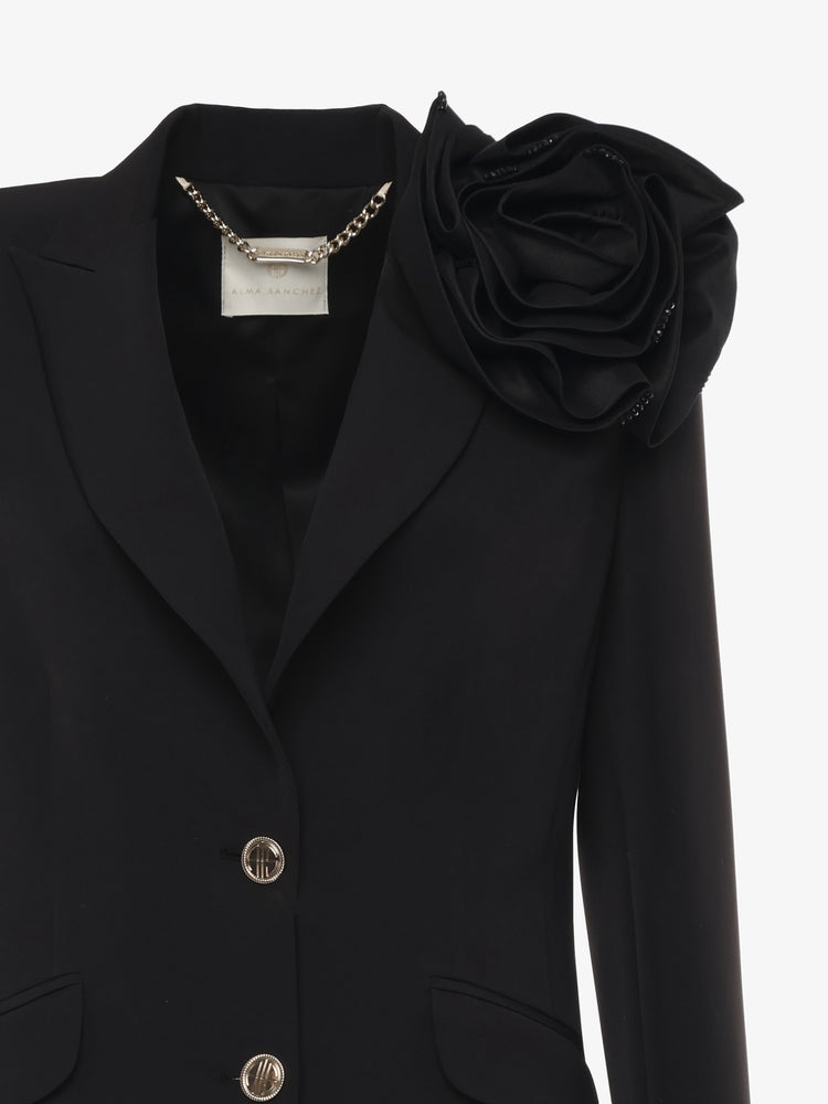 Giacca monopetto in tessuto tecnico con decorazione fiore in taffetà