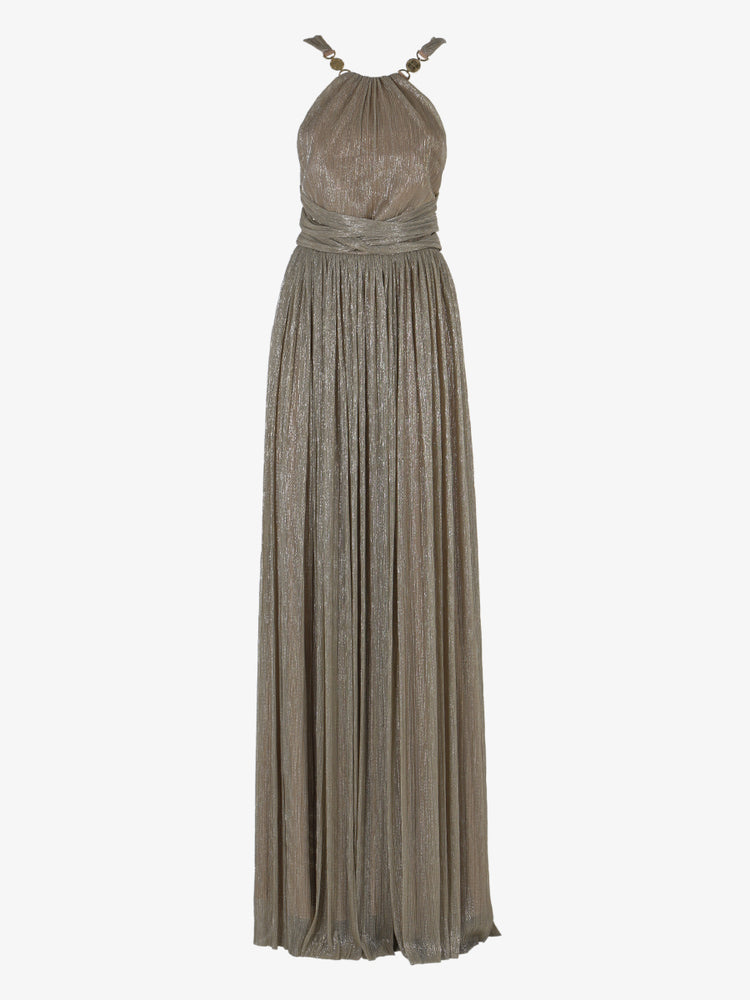 Halterneck knitted dress with metallic decorations