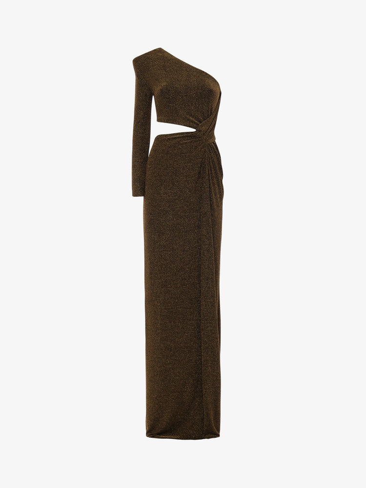 Long one-shoulder cut-out dress in lurex jersey