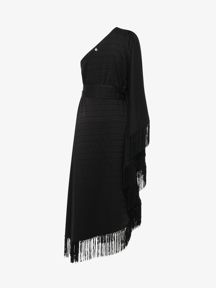 One-shoulder midi dress in jacquard with fringes and sash at the neck
