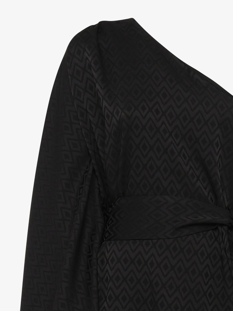 One-shoulder midi dress in jacquard with fringes and sash at the neck