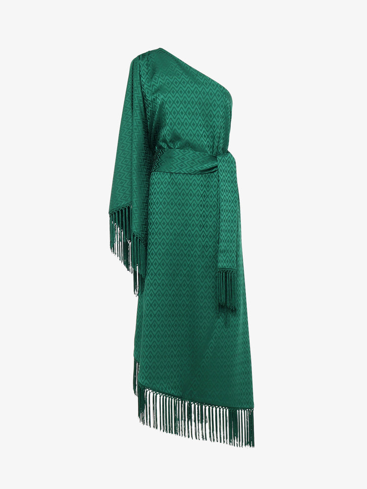 One-shoulder midi dress in jacquard with fringes and sash at the neck