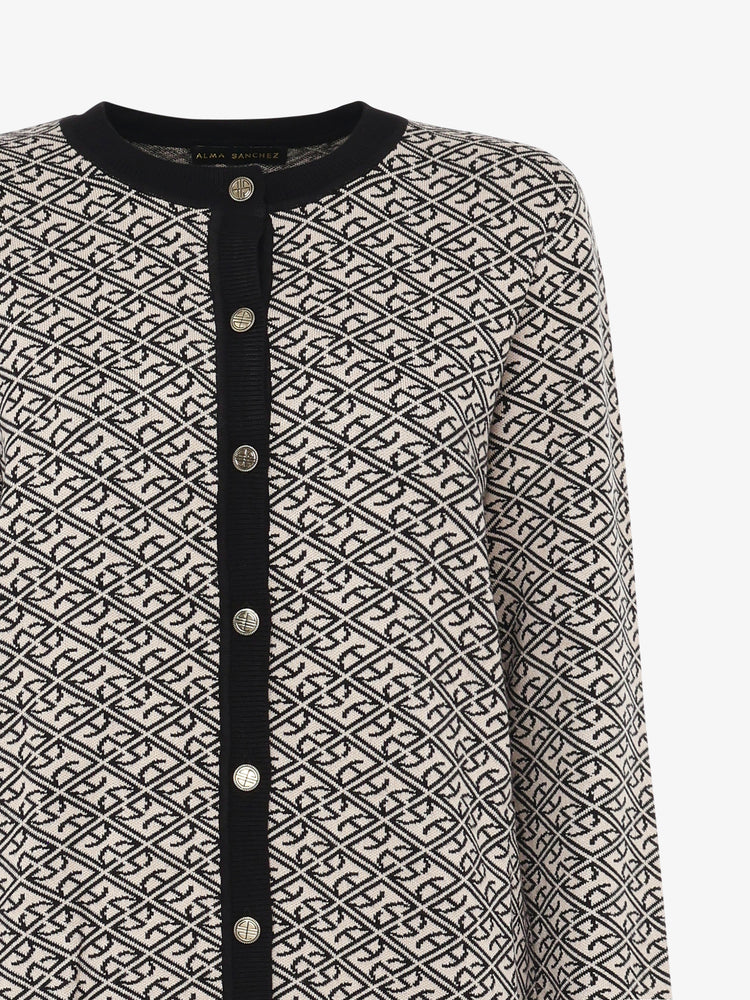 Cardigan girocollo jaquard fantasia con bottoni metallici