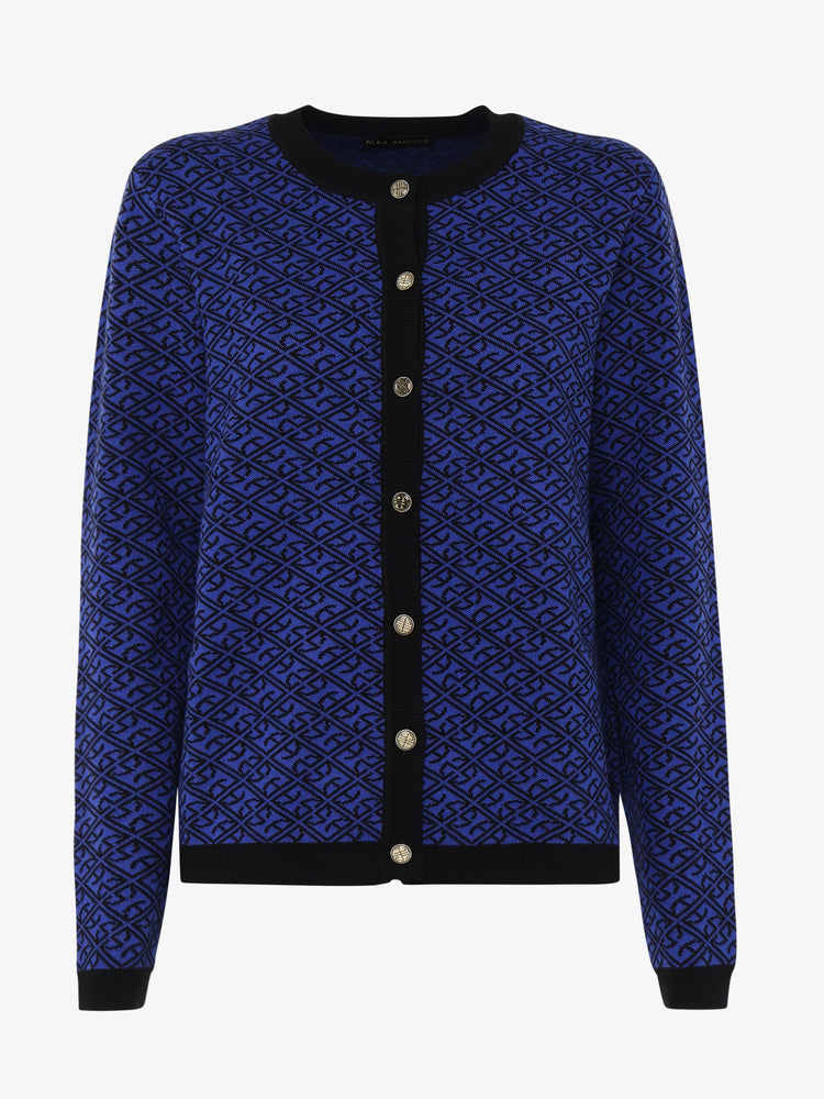 Cardigan girocollo jaquard fantasia con bottoni metallici