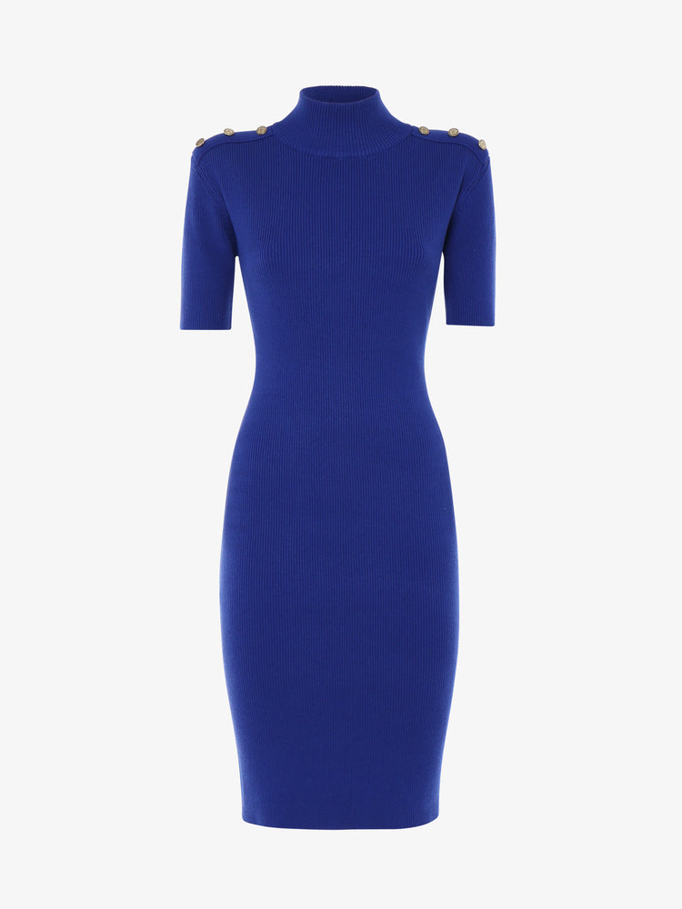 Abito in maglia a costine mezzo collo con bottoni metallici spalline