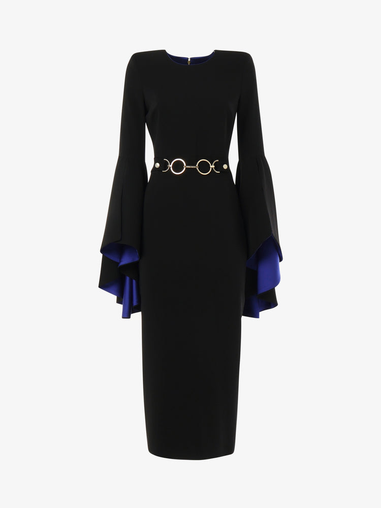 Longuette dress in technical fabric with contrasting flounced sleeves and metal accessory at the waist