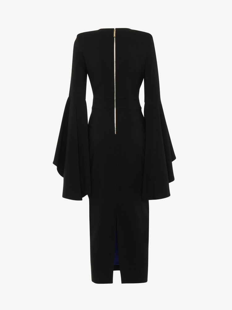 Longuette dress in technical fabric with contrasting flounced sleeves and metal accessory at the waist