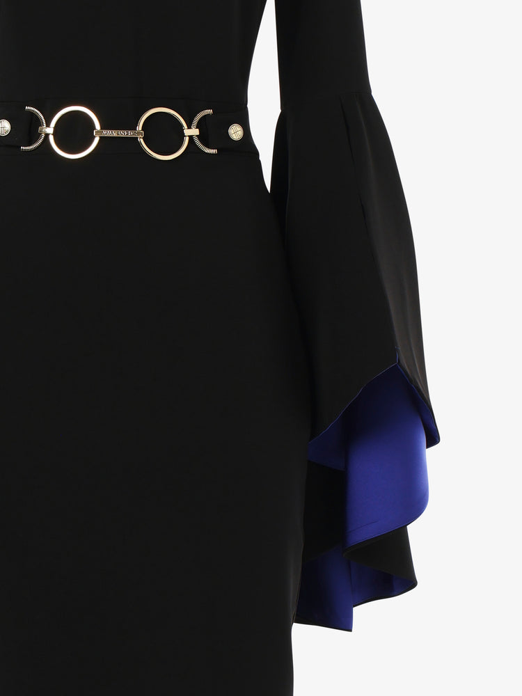 Longuette dress in technical fabric with contrasting flounced sleeves and metal accessory at the waist