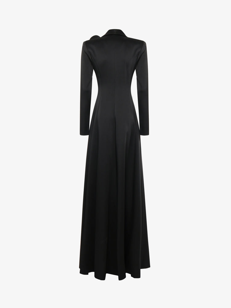 Long satin jacket dress with flower decoration and metal buttons