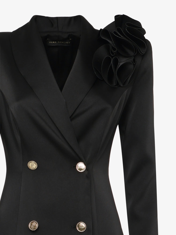 Long satin jacket dress with flower decoration and metal buttons