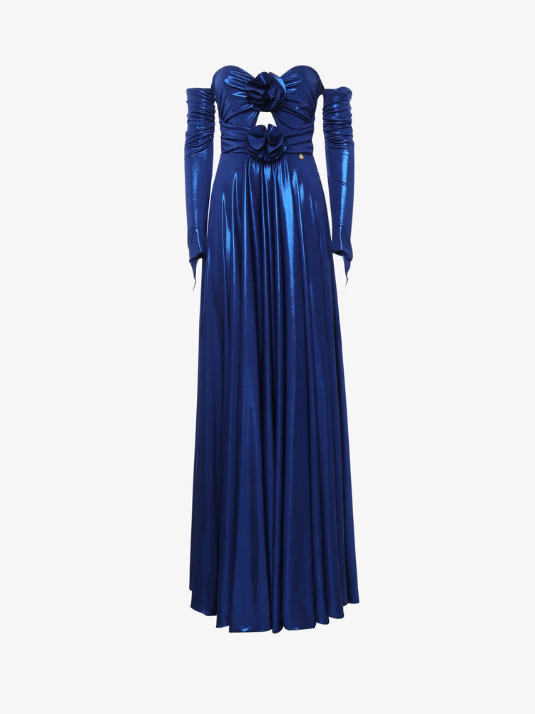 Long strapless dress with cut out in metallic jersey and flower decorations