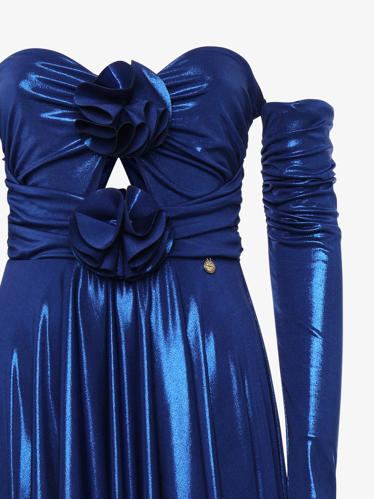 Long strapless dress with cut out in metallic jersey and flower decorations