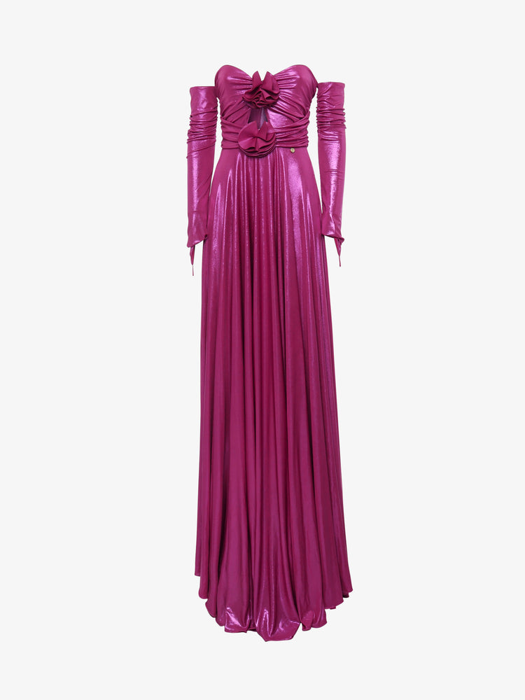 Long strapless dress with cut out in metallic jersey and flower decorations