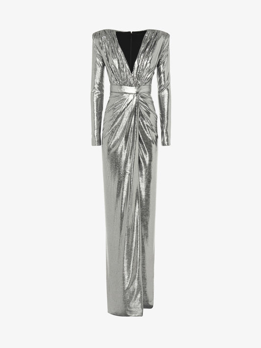 Long dress with deep neckline in metallic jersey