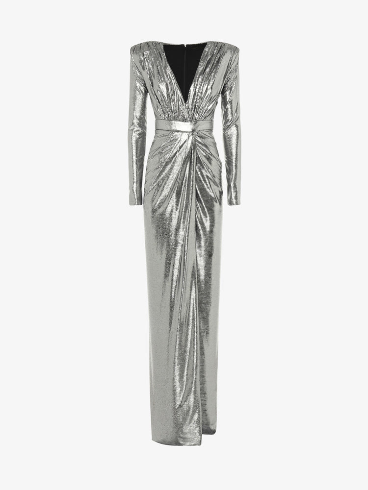 Long dress with deep neckline in metallic jersey