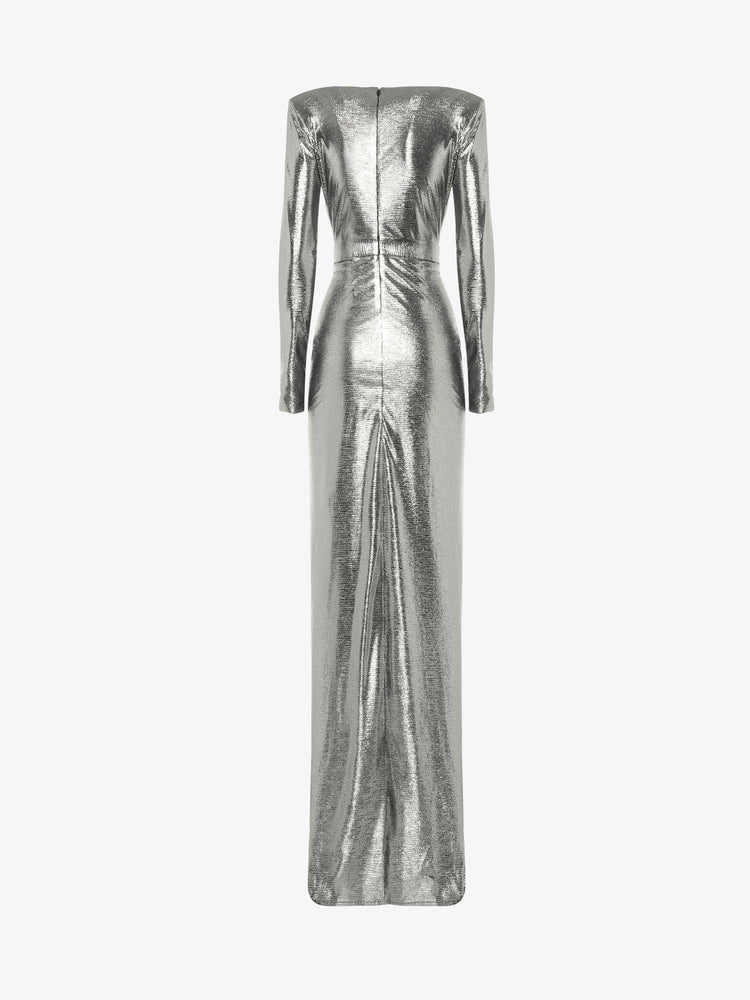 Long dress with deep neckline in metallic jersey
