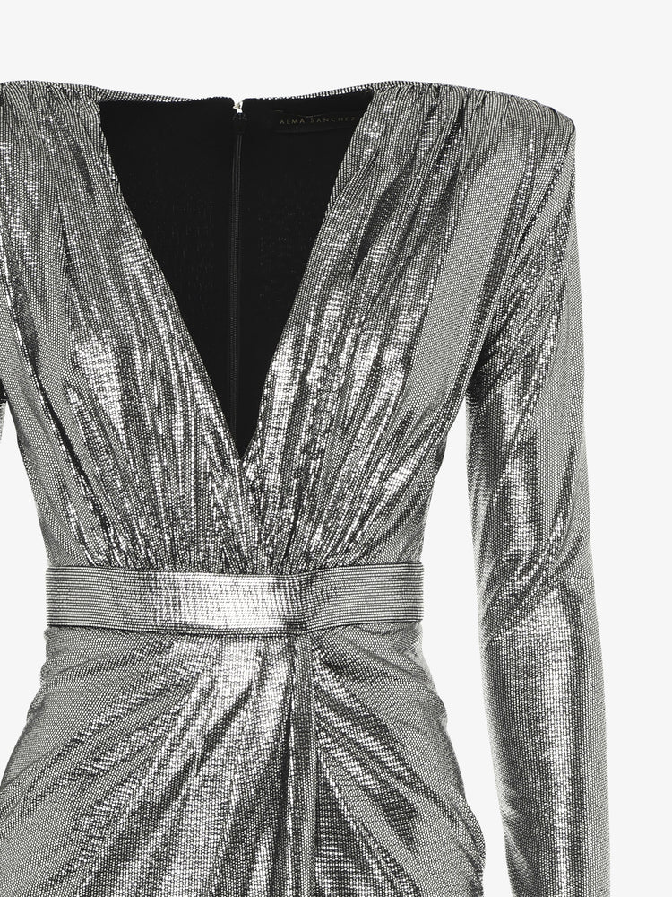 Long dress with deep neckline in metallic jersey