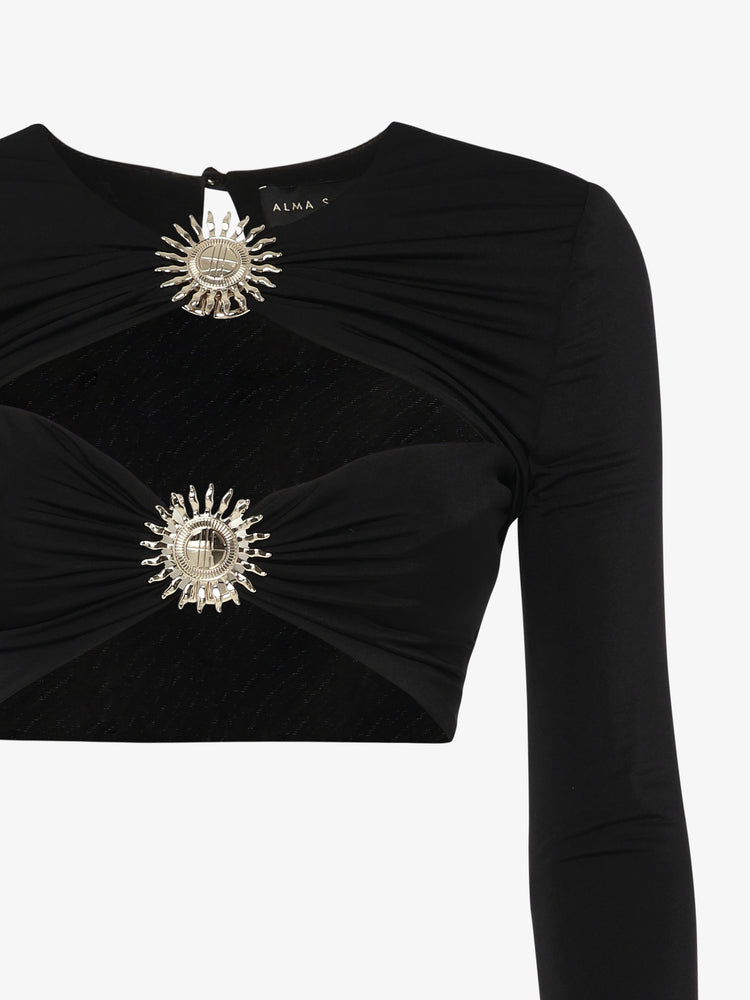 Top in jersey con cut out e decorazioni metalliche